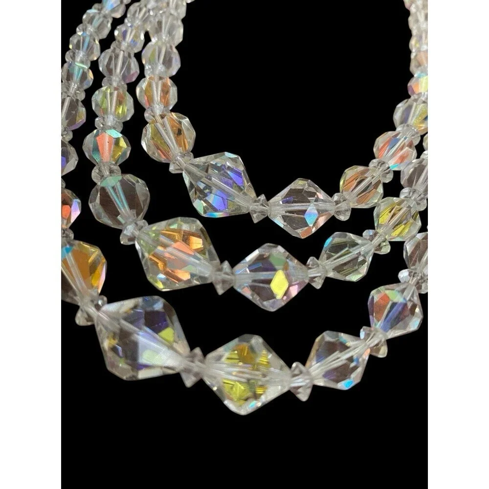 Vintage Necklace Triple Strand Aurora Borealis Graduated  Faceted Up to 17
